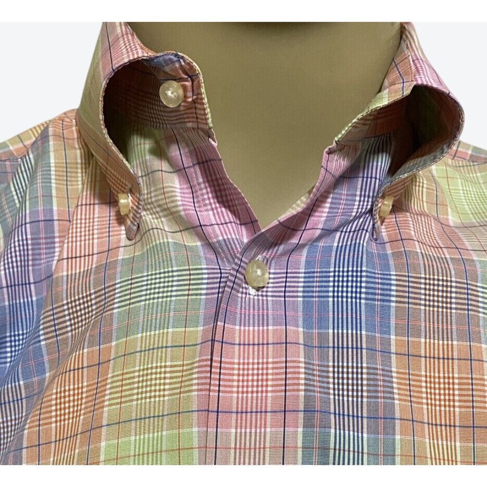 Peter Millar Men's Medium Short Sleeve Button Front Plaid Shirt Pink Yellow Blue - Picture 3 of 11